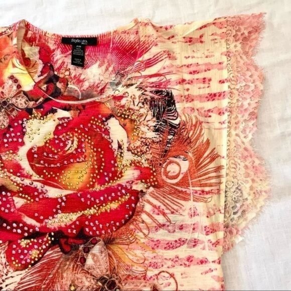 Style and Co Floral Top with Decorative Gems and Lace for Women Size PM Blouse - Picture 7 of 14